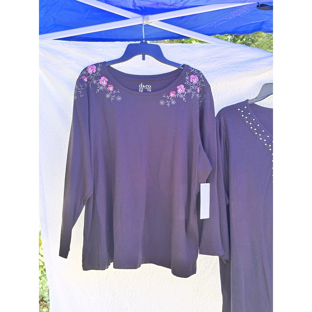 D&Co 2X Black Floral Embroidered Long Sleeve Top Plus Size round neck